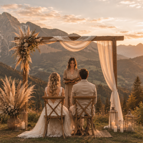 Celebrantka ślubna prowadzi kameralną ceremonię symboliczną w stylu boho rustic w polskich Tatrach z widokiem na Giewont