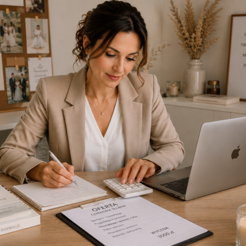 Celebrantka Ślubna przygotowuje wycenę i ofertę dla Pary Młodej przy komputerze MacBook Air w swoim biurze